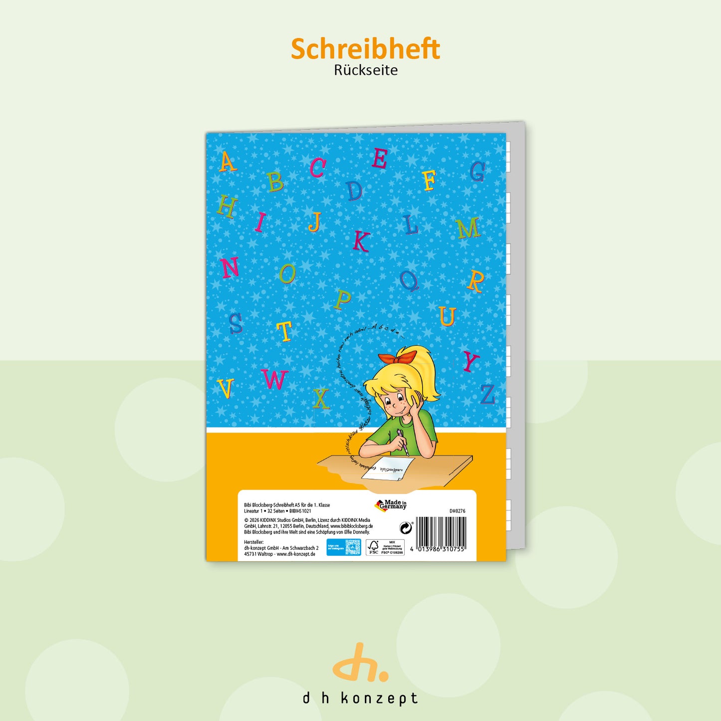 Rückseite des Bibi Blocksberg Schulhefts mit magischem Design für Schulkinder