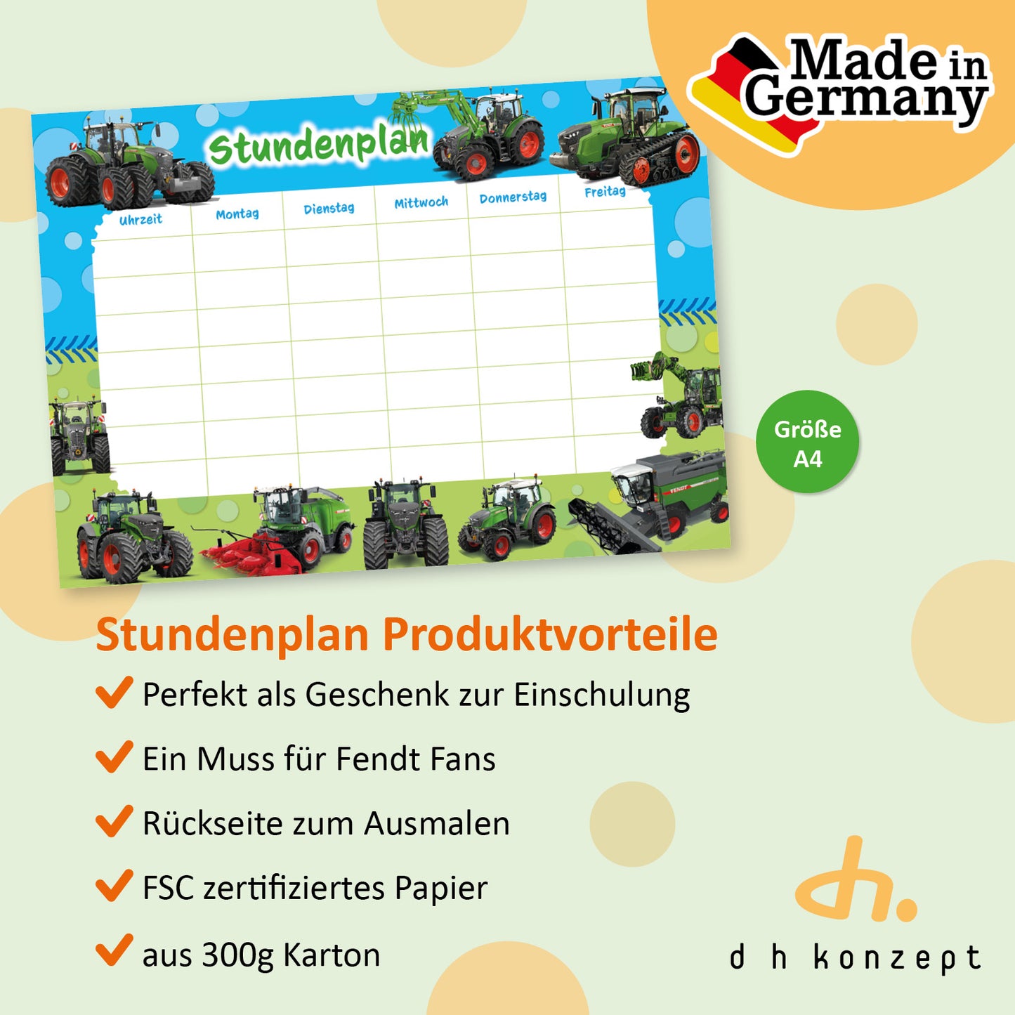 FENDT Stundenplan im grün-blauen Landwirtschafts-Design als Deko für das Kinderzimmer