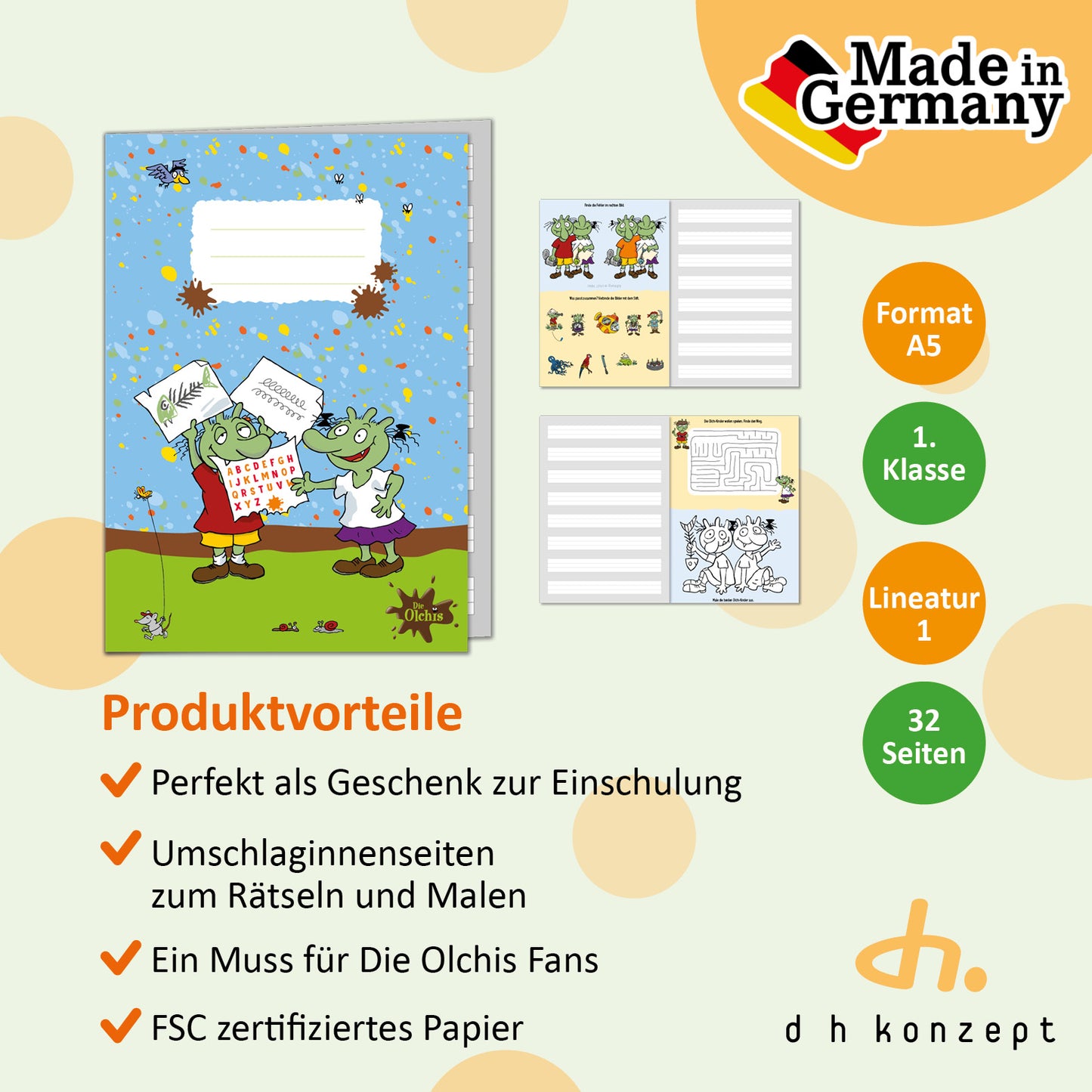 Titel und Innenansicht der Olchis Schreibhefte im DIN A5 Format für die Grundschule
