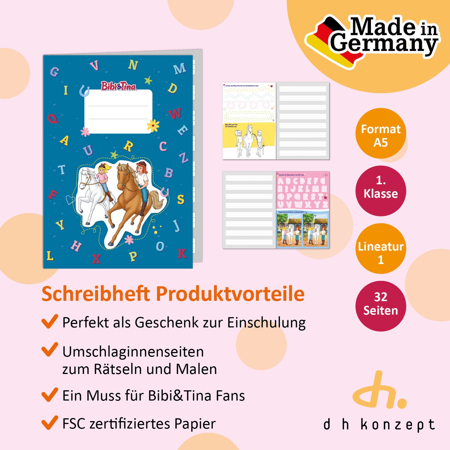 Cover und Innenansicht der linierten A5 Schulhefte zum Schreiben lernen mit Bibi und Tina Motiven.