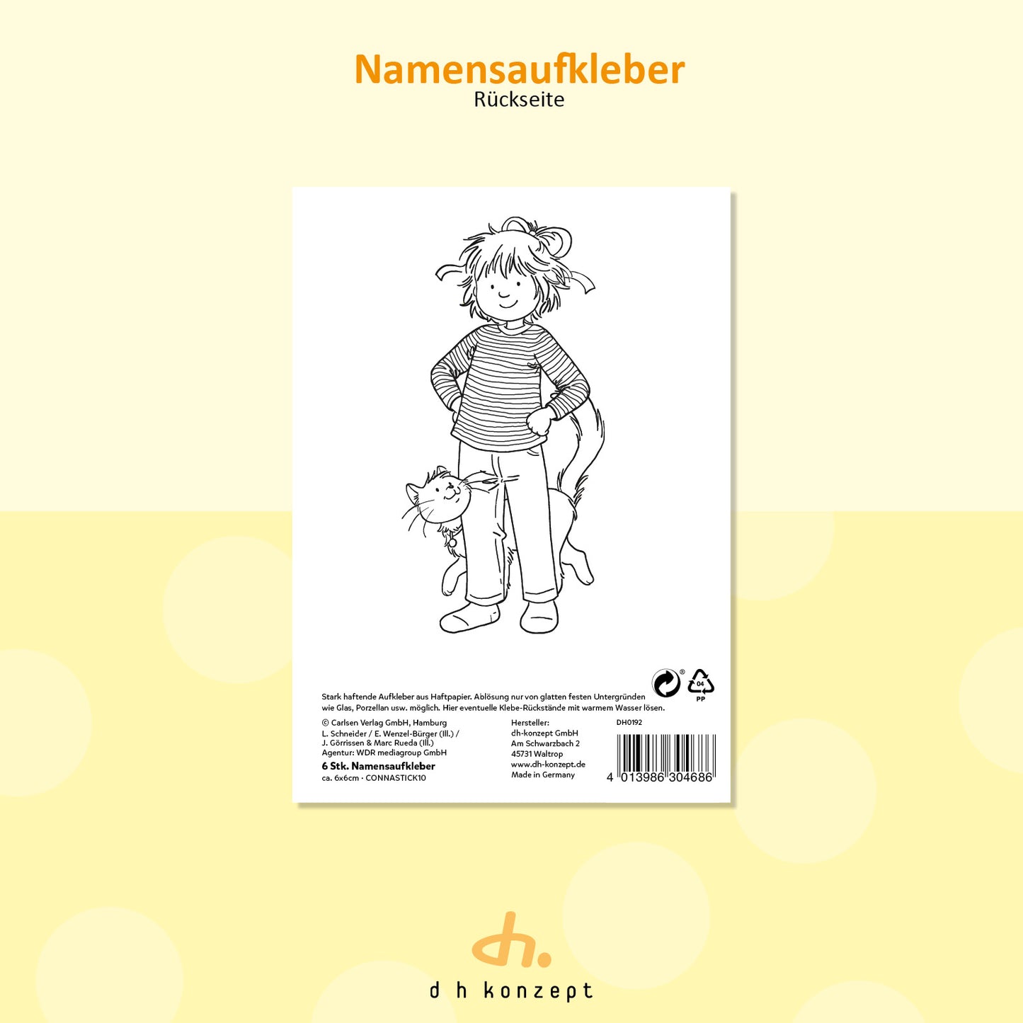 Produktverpackung der Conni Namensetiketten von dh Konzept mit den offiziellen Lizenz- und Warnhinweisen.