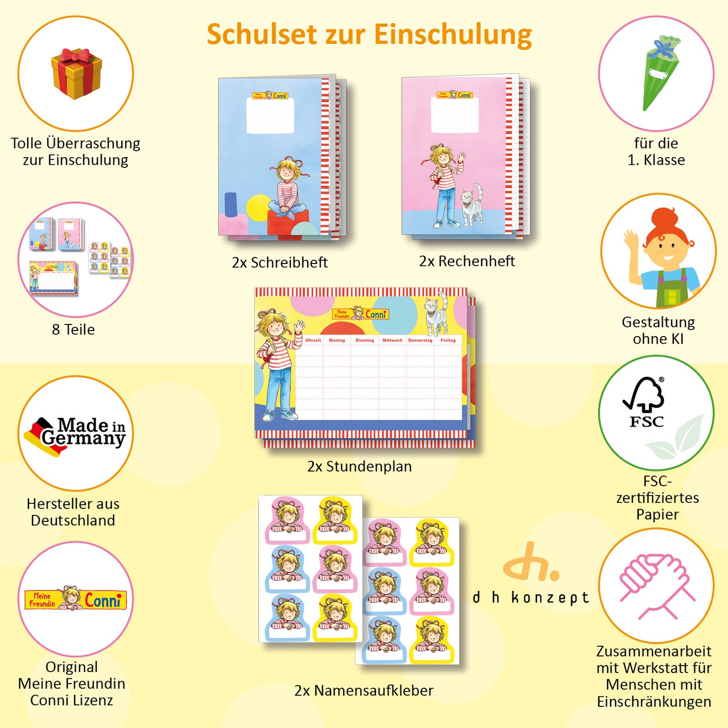 Rückseite der Cnni Schulset-Verpackung von dh Konzept mit Lizenzdetails und Produktinformationen.