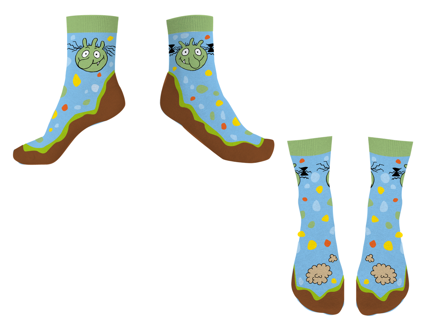 Nahaufnahme der blauen Olchi-Motivsocken mit grünem Bündchen und brauner Sohle.