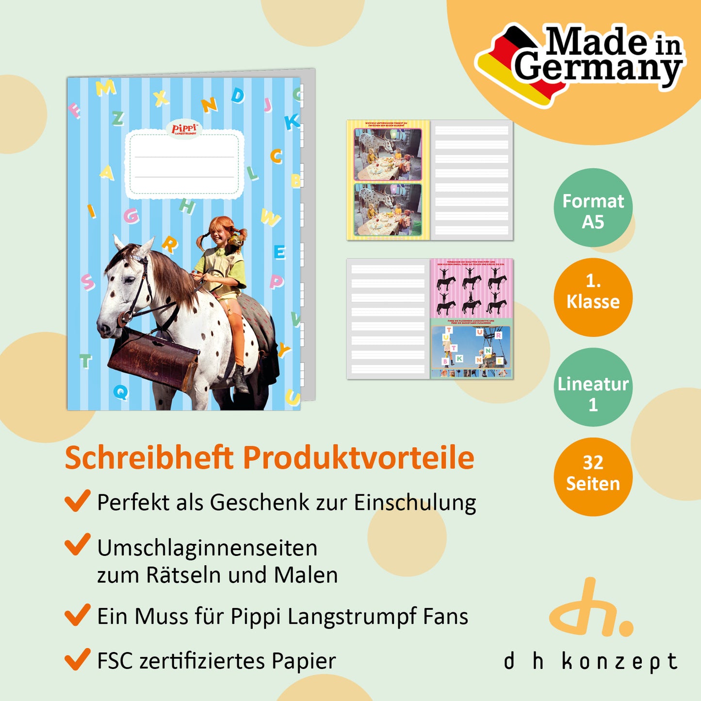 Nahaufnahme der Innenseiten und der Lineatur der Pippi Langstrumpf Schreibhefte.
