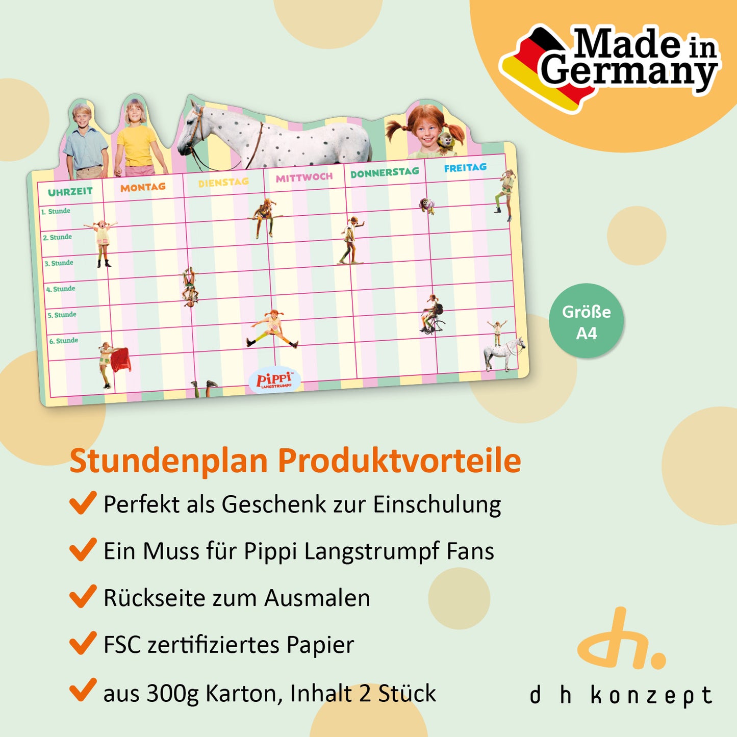 Formgestanzte Pippi Langstrumpf Stundenpläne aus stabilem 300g Karton.