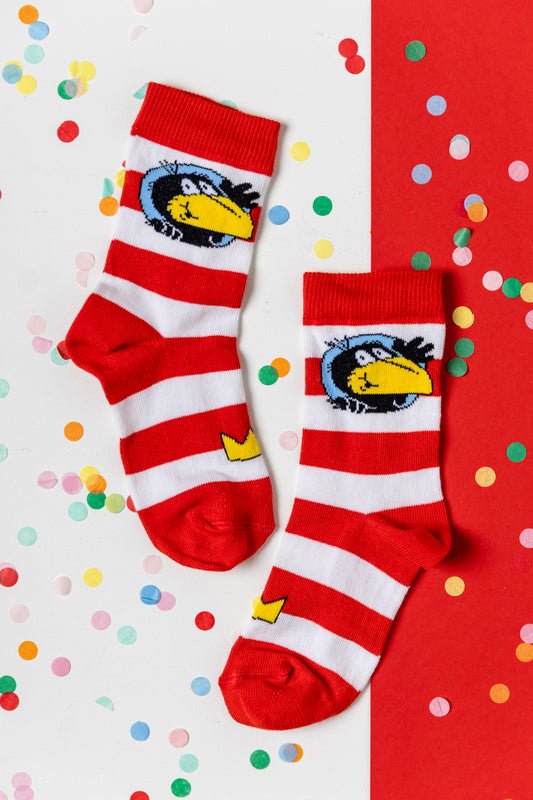 Gestreifte Rabe Socke Kindersocken mit dem beliebten Raben-Motiv.