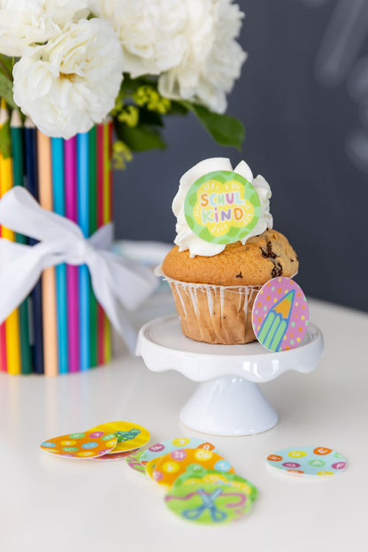 Die 4 verschiedenen Motive der runden Einschulungs-Oblaten für Muffins im Detail.