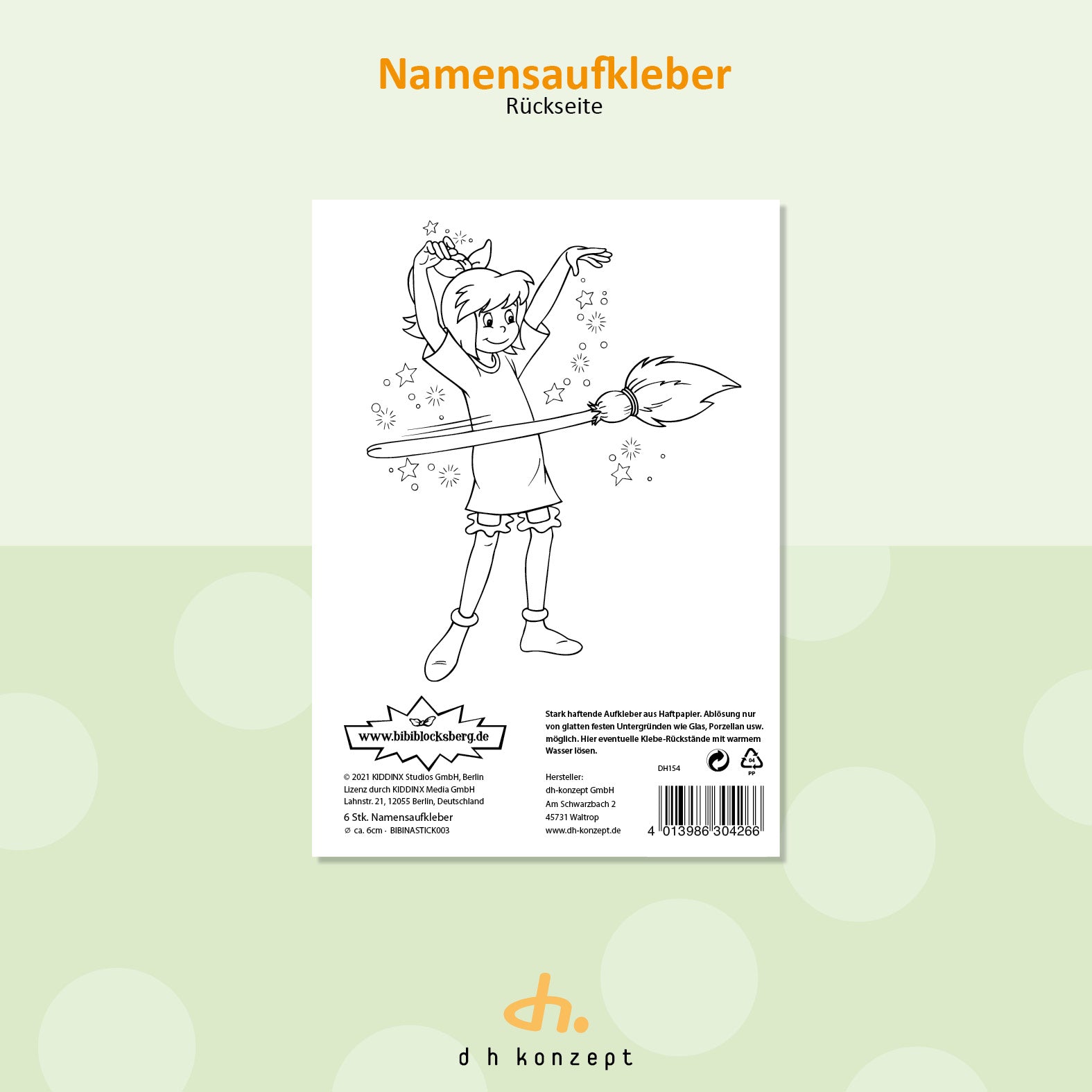 Produktverpackungs-Rückseite der Bibi Blocksberg Namensetiketten von dh Konzept mit den offiziellen Lizenz- und Warnhinweisen.