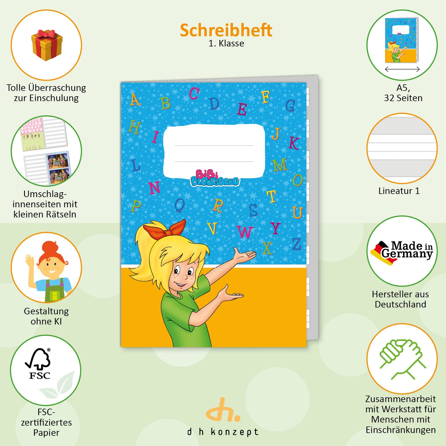 Buntes Bibi Blocksberg Schulheft A5 als Geschenkidee für die Schultüte zur Einschulung