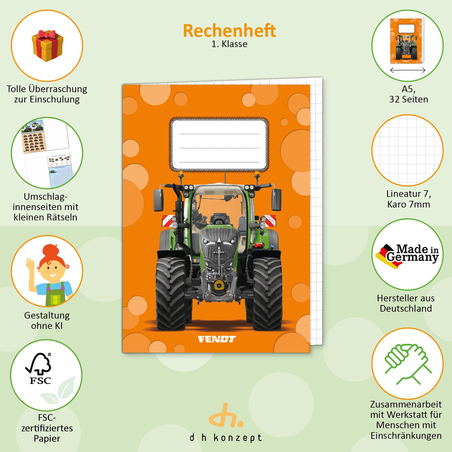 Orangefarbenes FENDT Rechenheft A5 als Zubehör für die Schultüte zur Einschulung