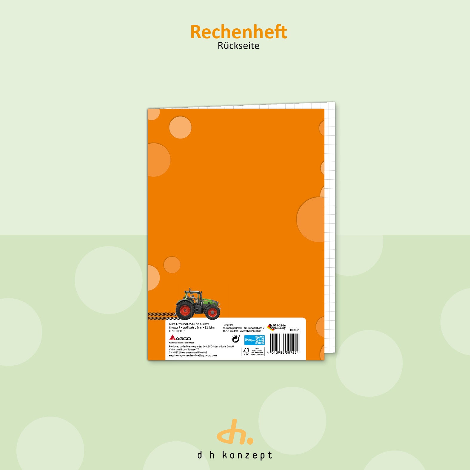 Rückseite des FENDT A5 Mathehefts im orangefarbenen Landwirtschafts-Design