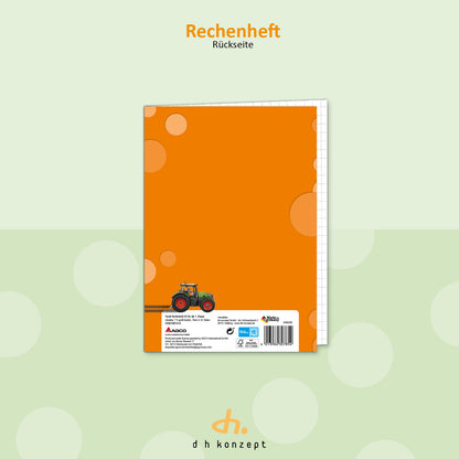 Rückseite des FENDT A5 Mathehefts im orangefarbenen Landwirtschafts-Design