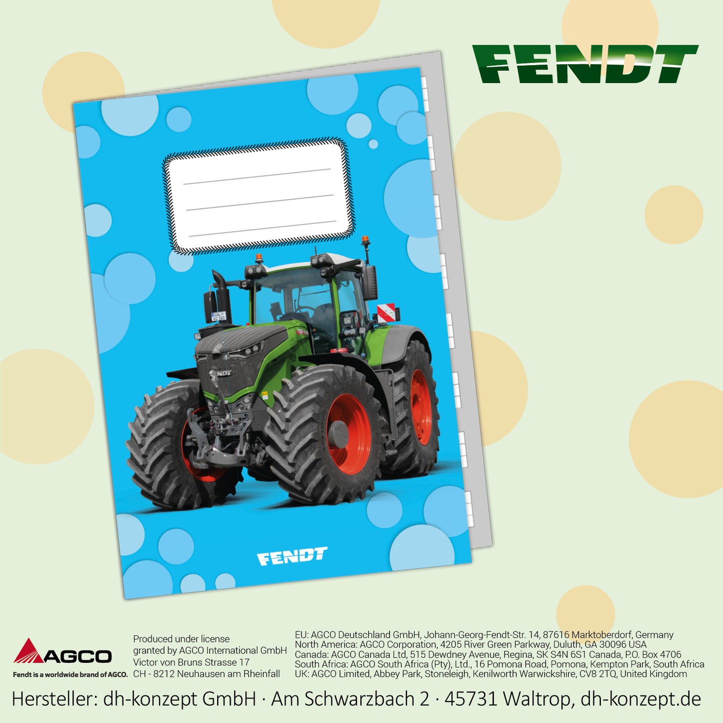 Nahaufnahme des Traktor-Motivs auf dem FENDT Schreibheft