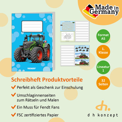 Aussen- und Innenseite des FENDT A5 Schulheft zum Schreiben mit Traktor-Motiv