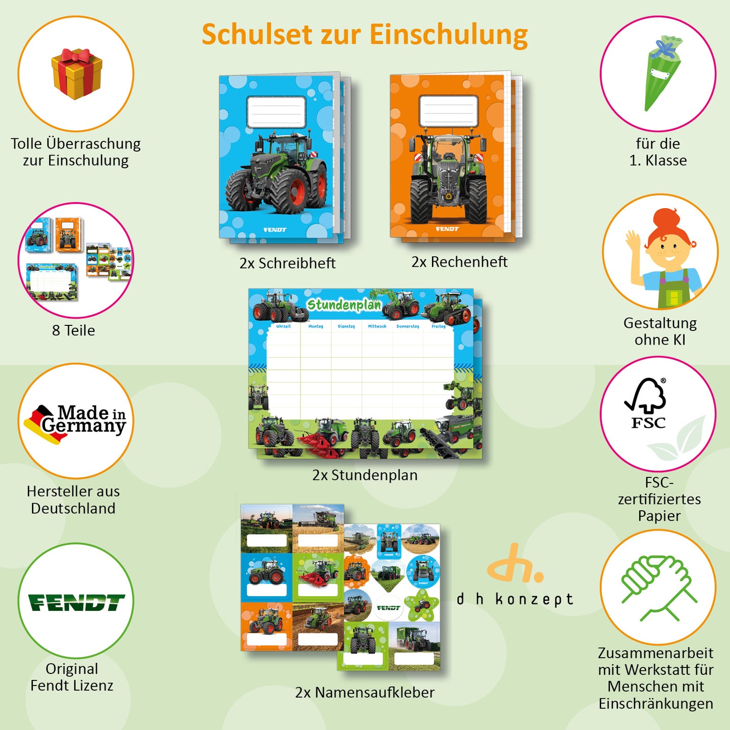 Übersicht des Fendt Einschulungs-Sets mit allen Produktvorteilen