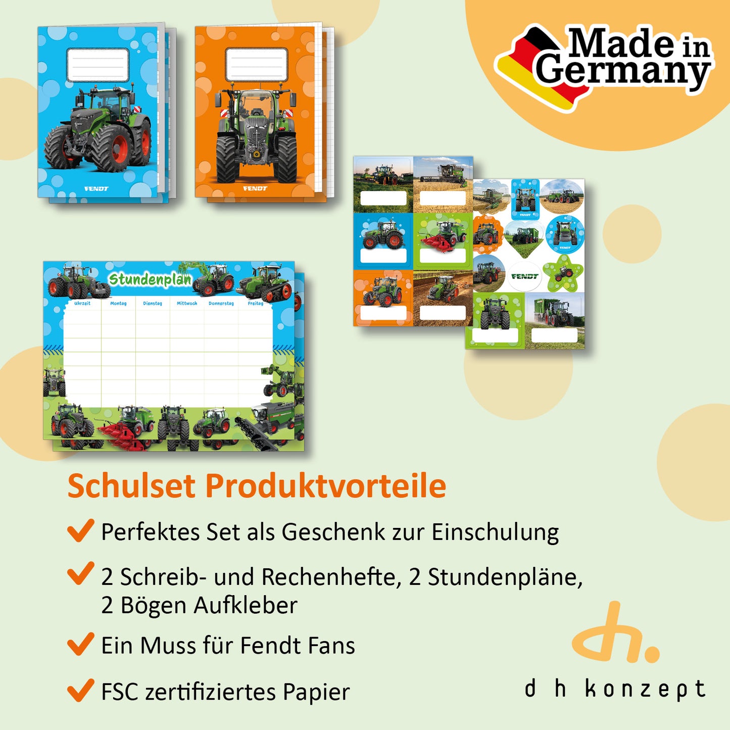 Schulset von Fendt mit 2 Rechenheften, 2 Schreibheften, 2 Stundenplänen und 2 Bögen Aufkleber