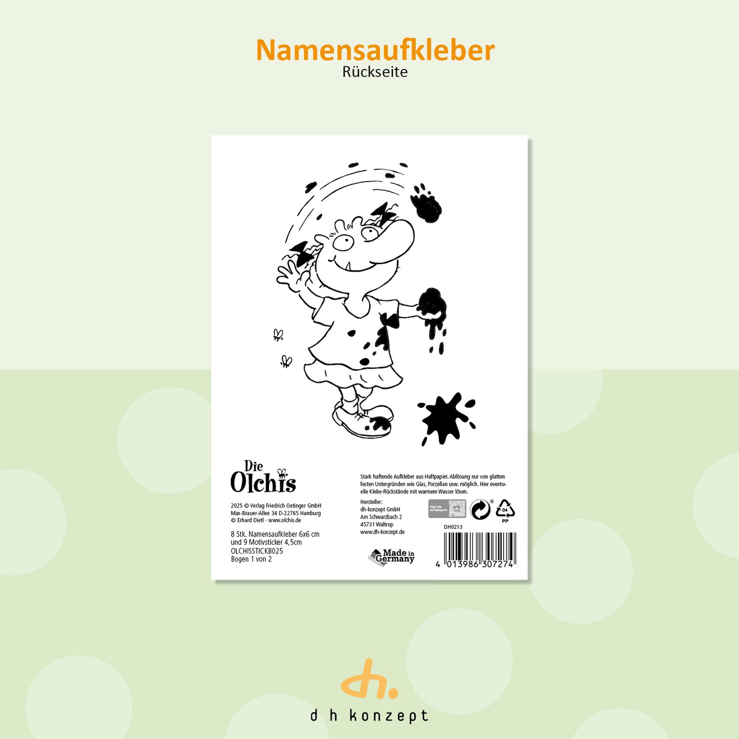 Rückseite des Die Olchis Aufkleber Set zum Beschriften von Schulheften und Spielkisten im Kindergarten