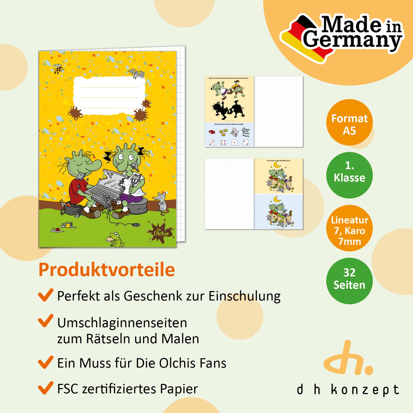 Titel und Innenansicht der Olchis Rechenhefte im DIN A5 Format für die Grundschule