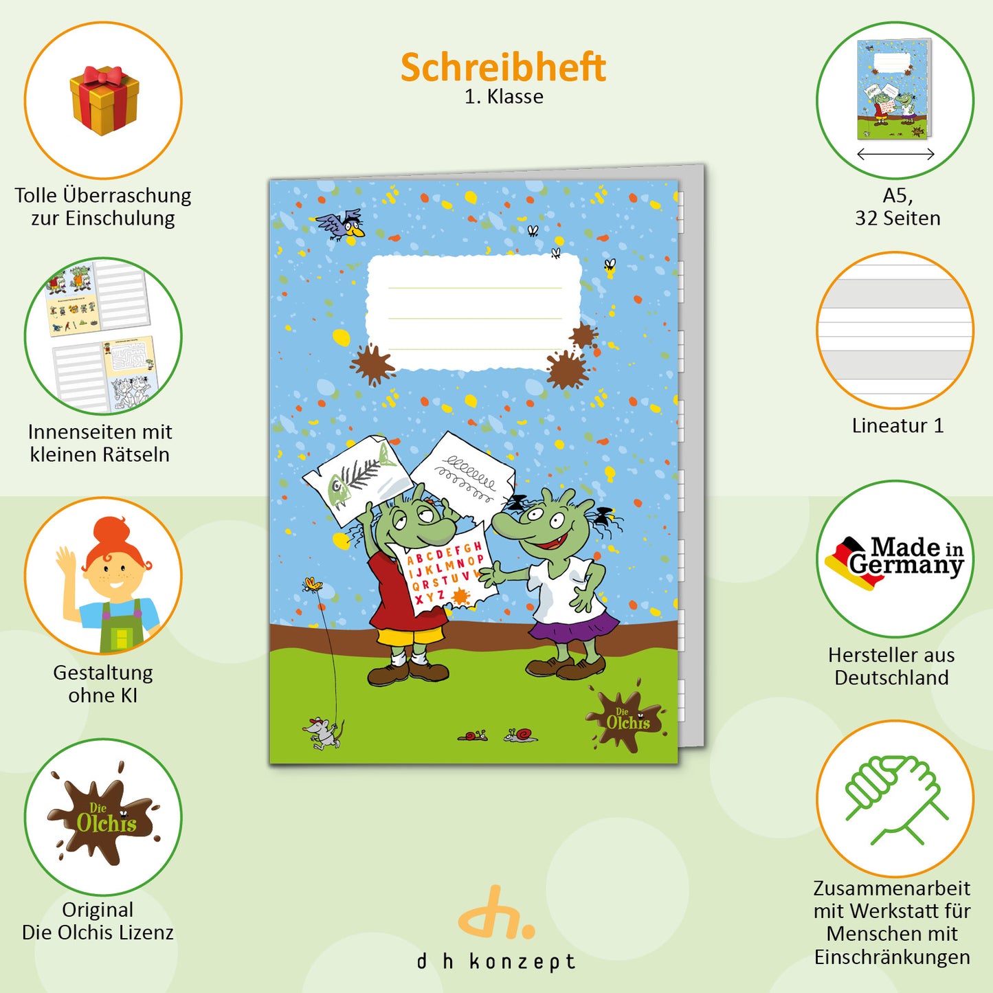 Die Olchis Schulheft A5 als Geschenkidee für die Schultüte zur Einschulung