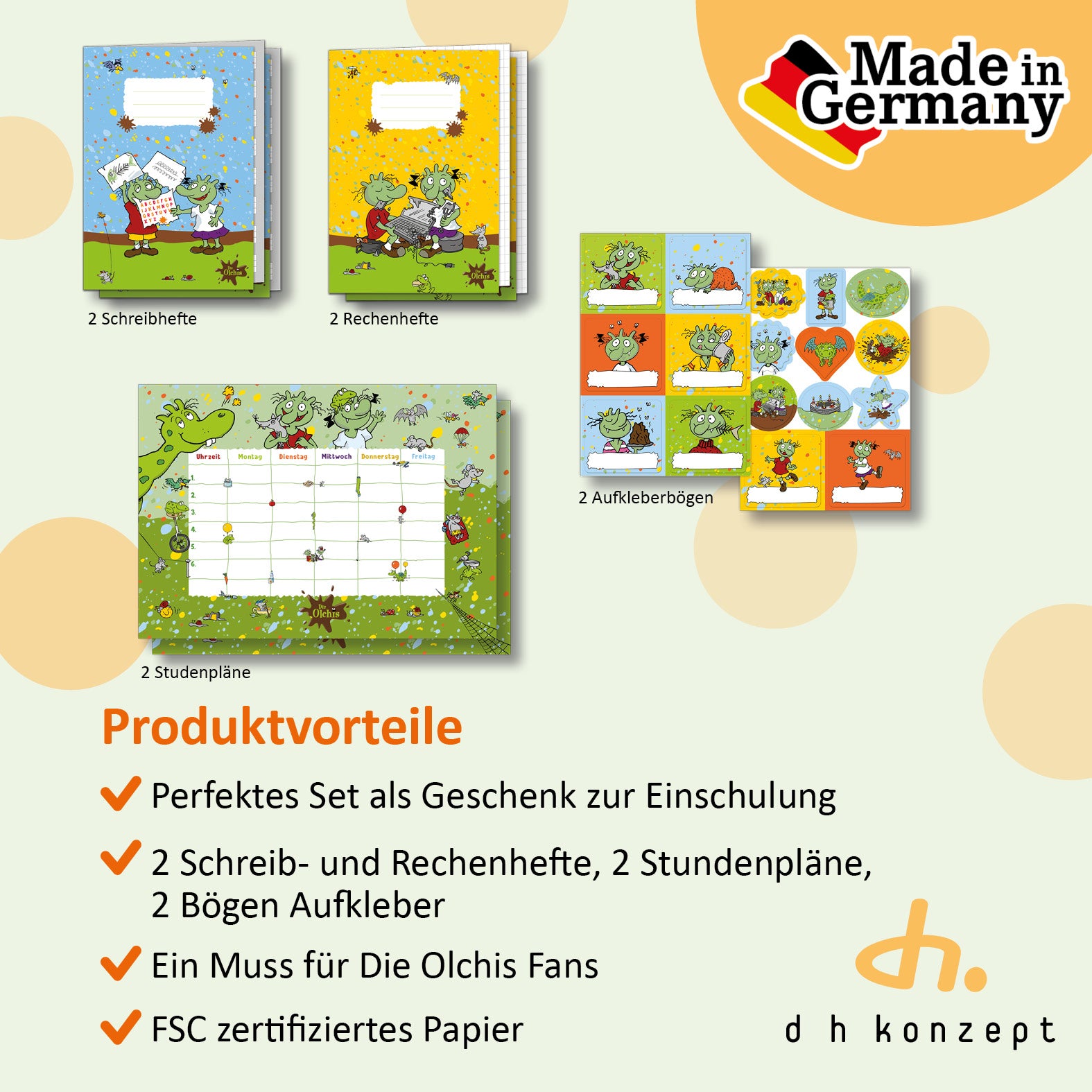 Rückseite des Die Olchis Schulanfang Sets mit Produktübersicht