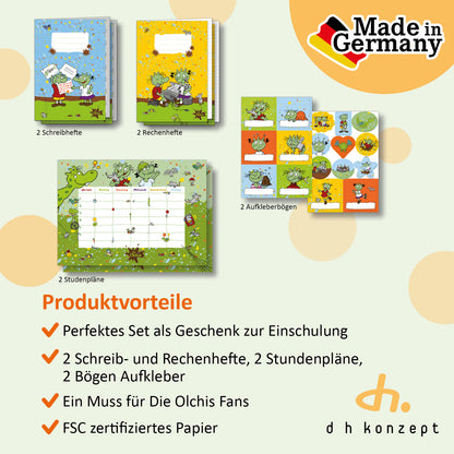 Rückseite des Die Olchis Schulanfang Sets mit Produktübersicht