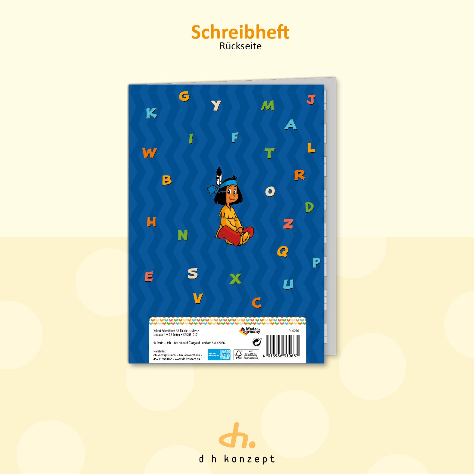 Rückansicht des Yakari Schulhefts für die erste Klasse.