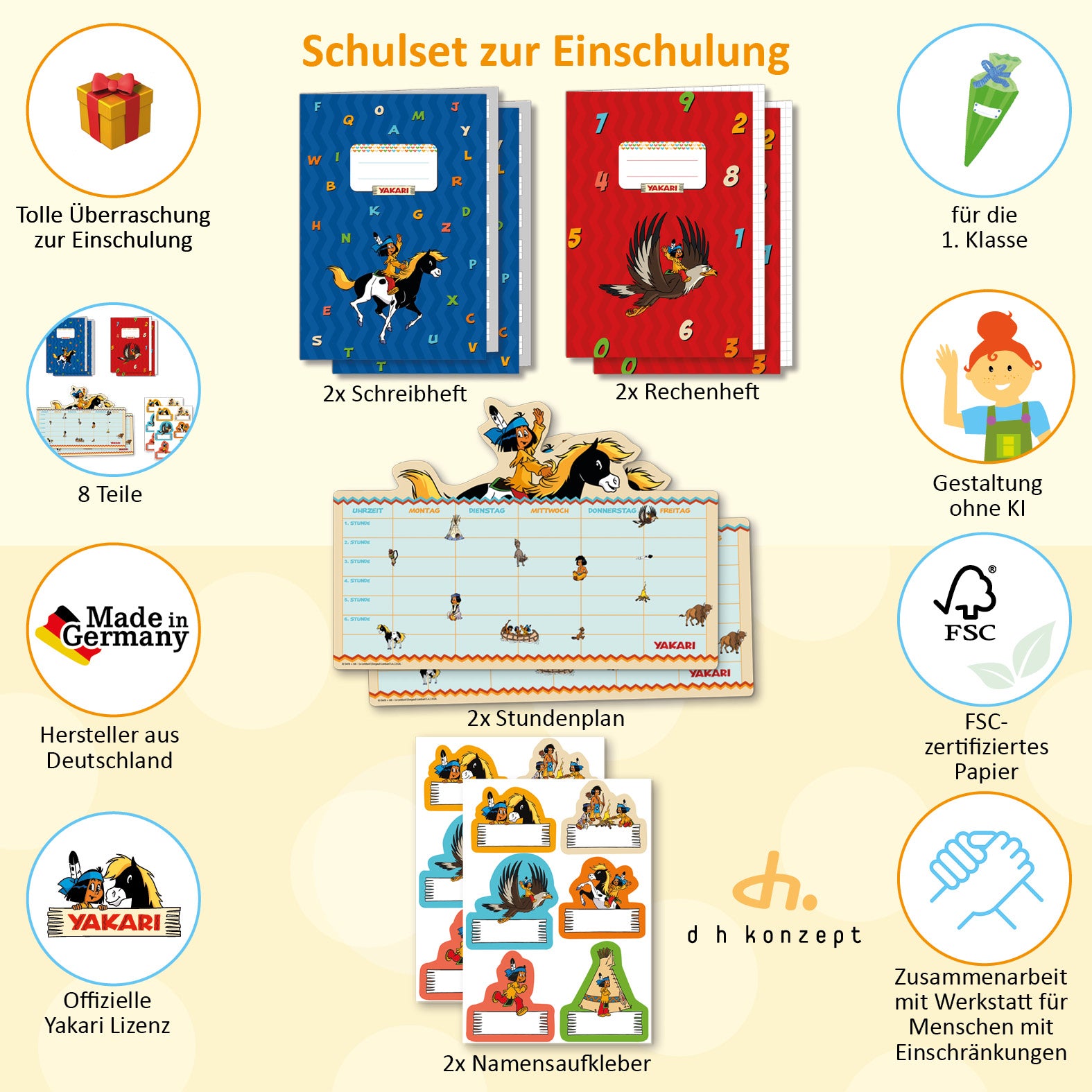 Übersicht des Yakari Einschulungs-Sets mit allen wichtigen Infos.