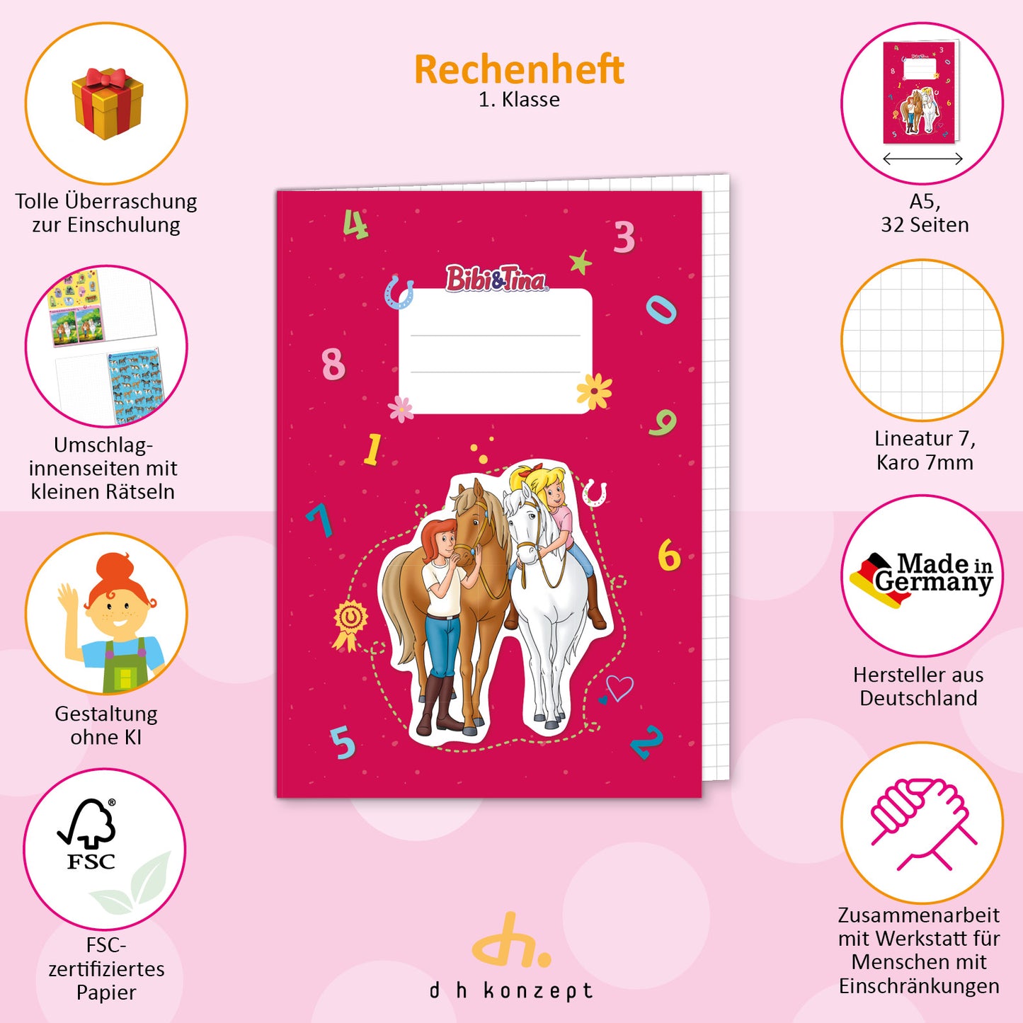 Bibi und Tina Rechenheft mit der karierten Lineatur 7 für die erste Klasse Grundschule.