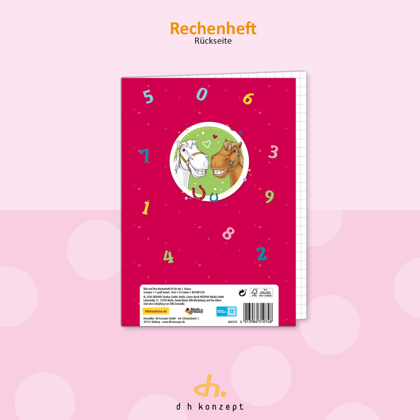 Detailansicht der Heftrückseite mit Lineatur-Angabe und Herstellerinfos von dh Konzept.