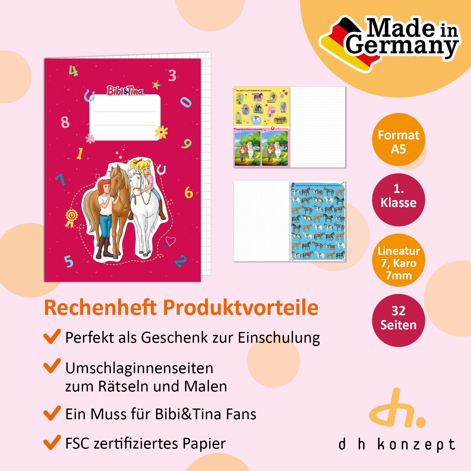 Cover und Innenansicht des karierten Bibi und Tina A5 Schulhefts im Überblick.