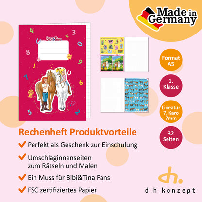 Cover und Innenansicht des karierten Bibi und Tina A5 Schulhefts im Überblick.