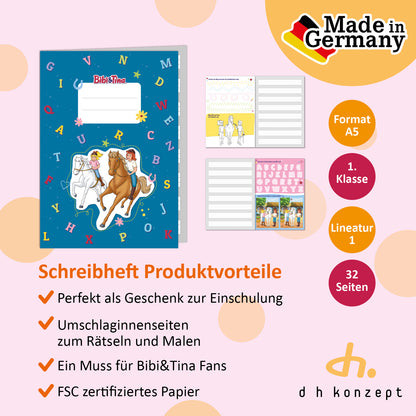 Cover und Innenansicht der linierten A5 Schulhefte zum Schreiben lernen mit Bibi und Tina Motiven.