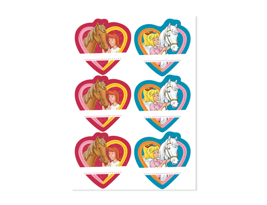 Ein DIN A5 Bogen mit sechs bunten Bibi und Tina Namensaufklebern mit zwei verschiedenen Motiven zum Beschriften.