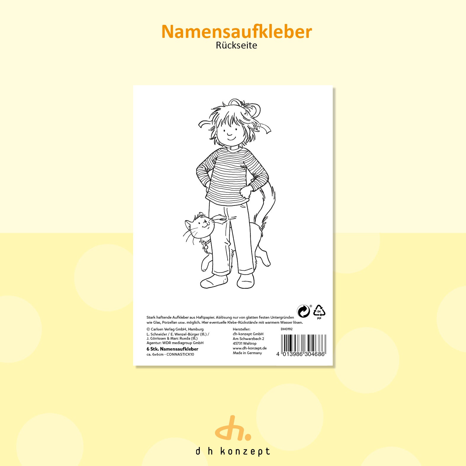 Produktverpackung der Conni Namensetiketten von dh Konzept mit den offiziellen Lizenz- und Warnhinweisen.