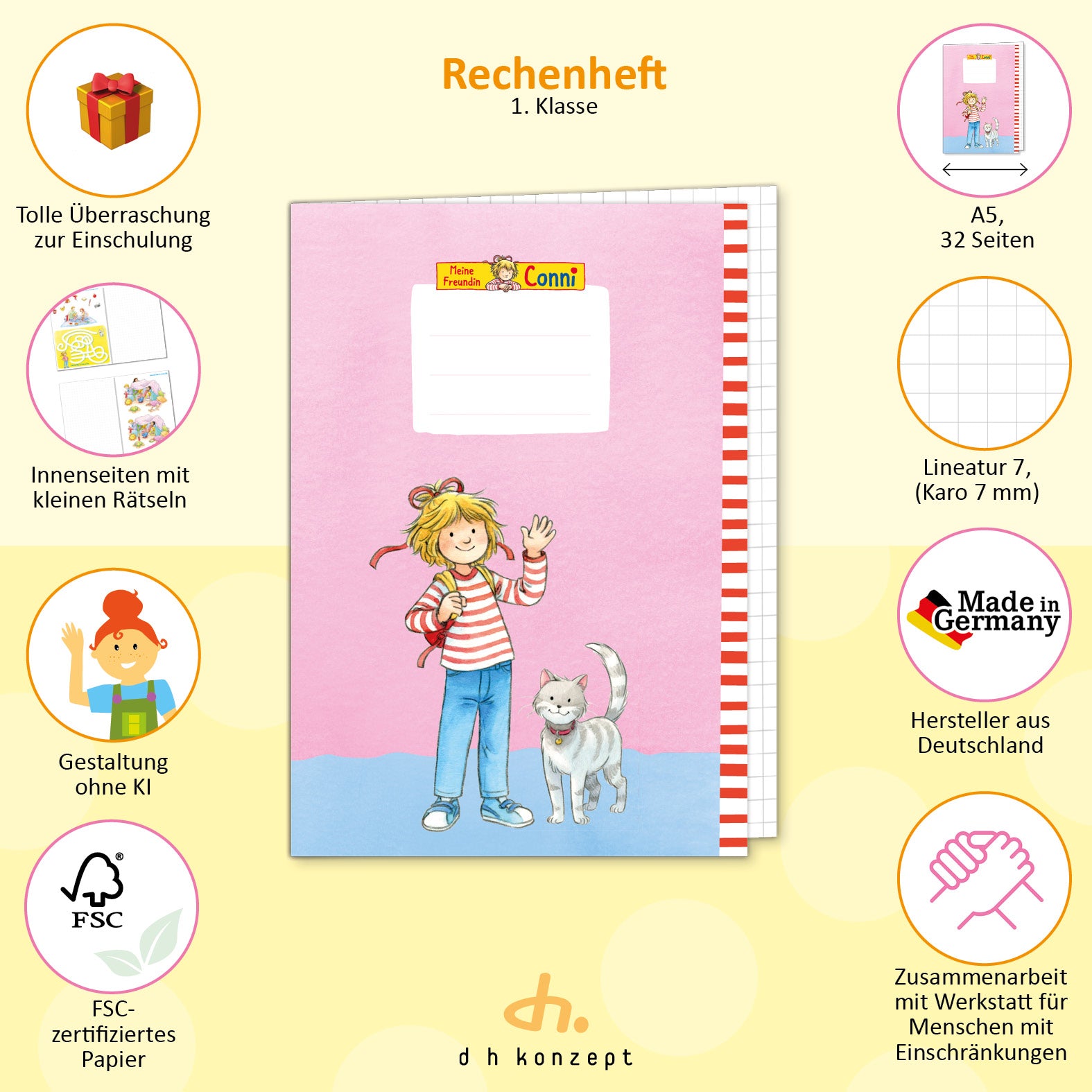 Close-up des farbenfrohen Cover-Designs mit Conni-Motiv für kleine Mathehelden.