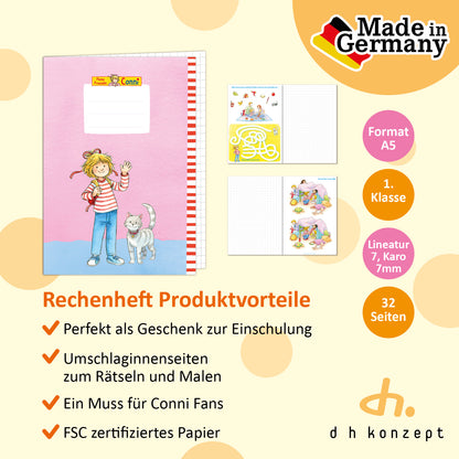 Gesamtübersicht mit Innenansicht und Cover des karierten Meine Freundin Conni A5 Übungshefts.