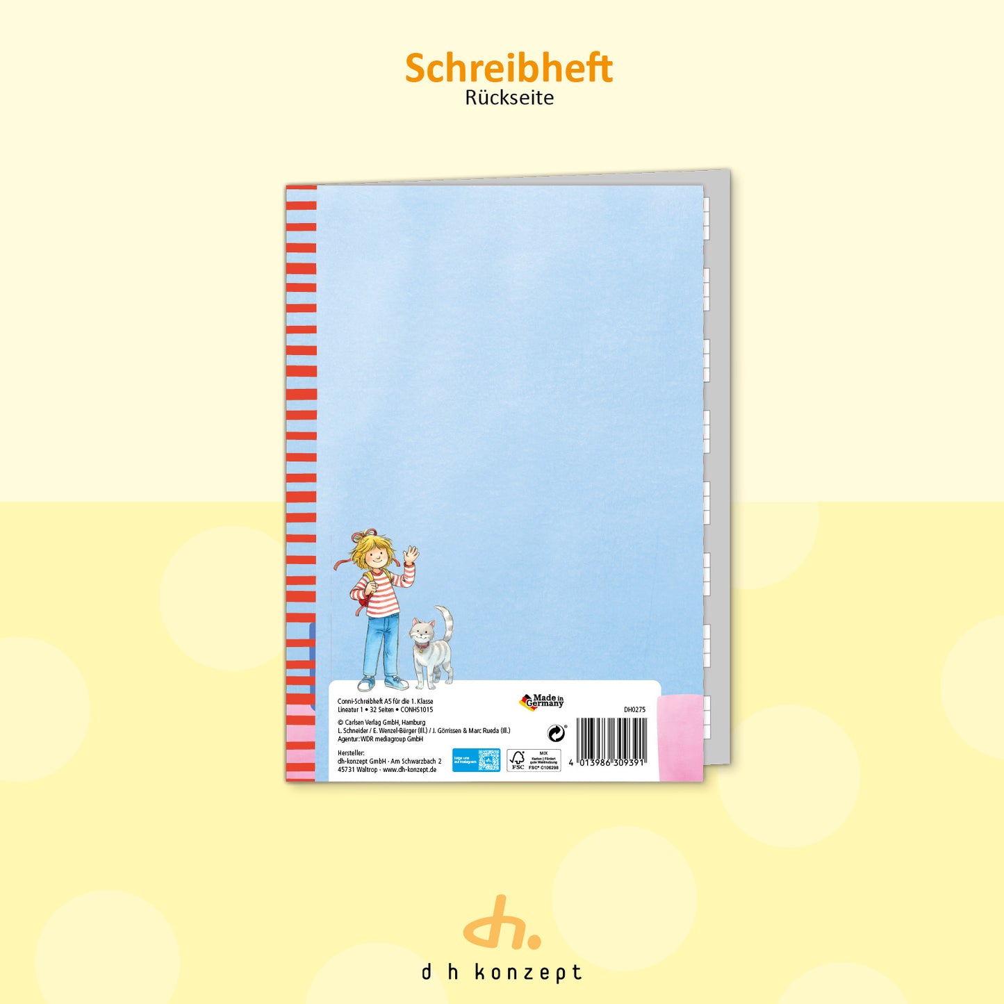 Detailansicht der Heftrückseite mit Lineatur-Bezeichnung und Herstellerinformationen von dh Konzept.
