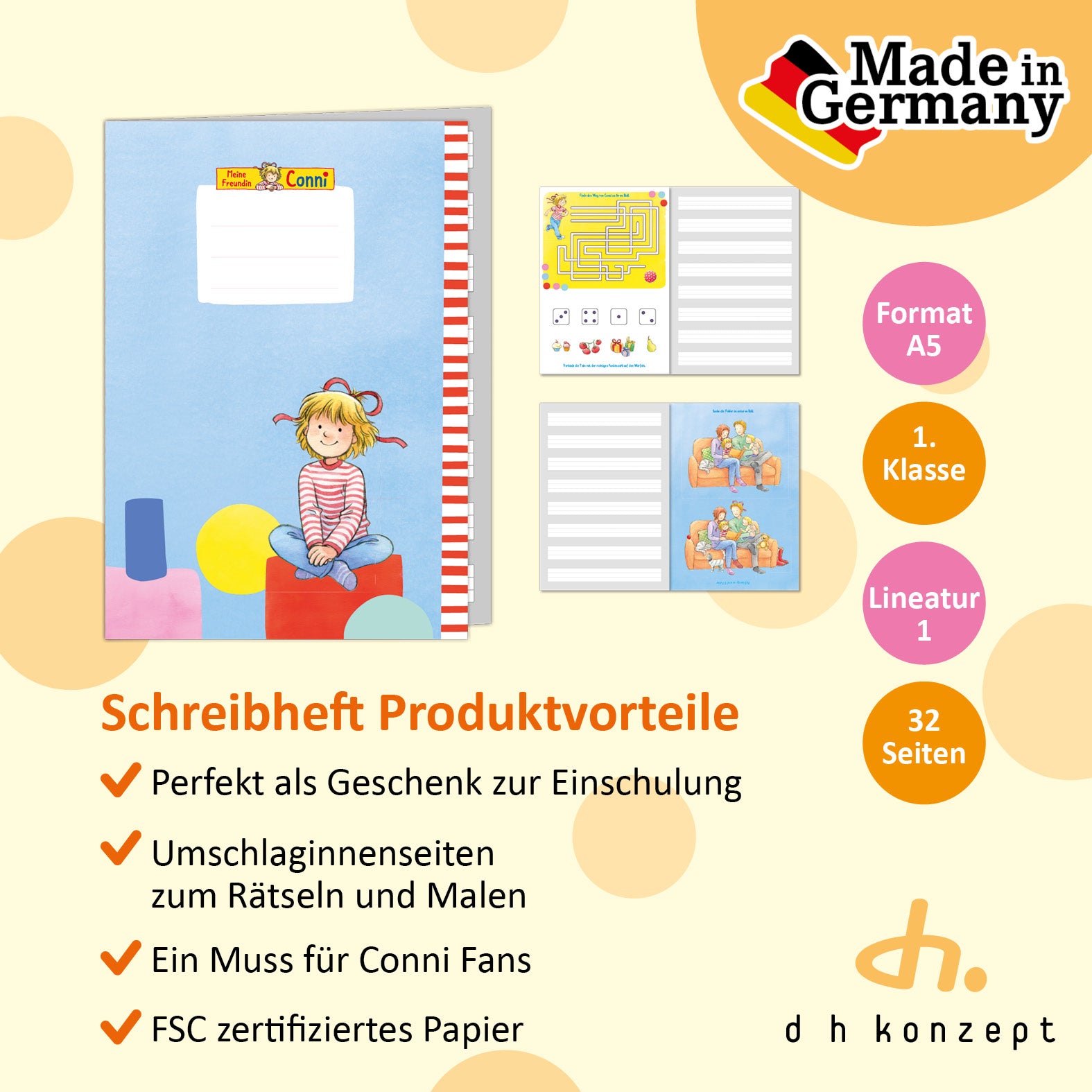 Innenansicht und Cover der linierten A5 Schreibhefte mit 32 Seiten im farbenfrohen Conni-Design für die Grundschule.
