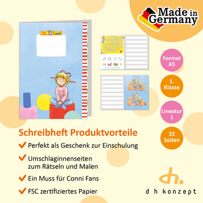 Innenansicht und Cover der linierten A5 Schreibhefte mit 32 Seiten im farbenfrohen Conni-Design für die Grundschule.