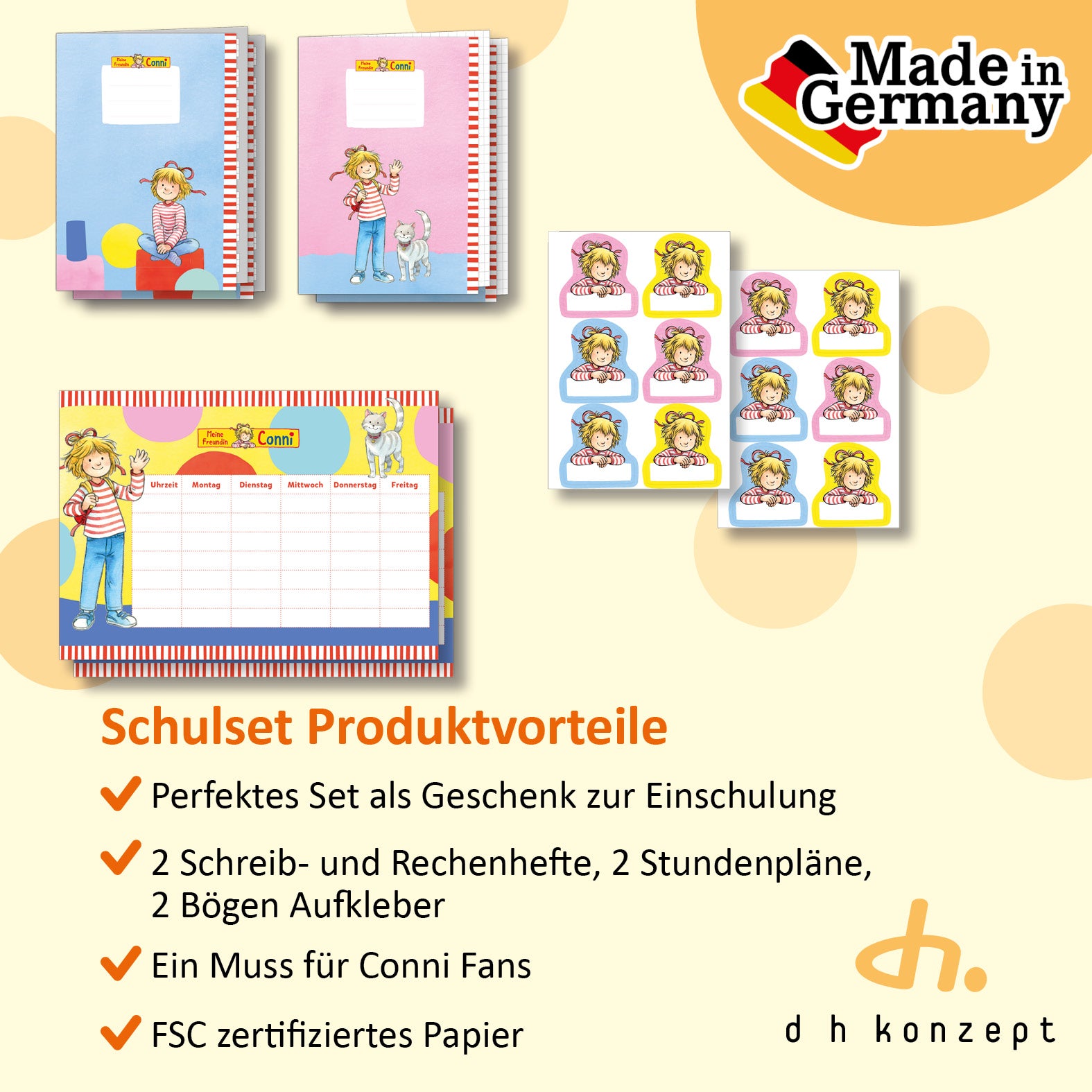Inhalt des  Meine Freundin Conni Schulanfang Sets mit aufgelisteten Produktvorteilen.
