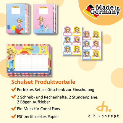 Inhalt des  Meine Freundin Conni Schulanfang Sets mit aufgelisteten Produktvorteilen.