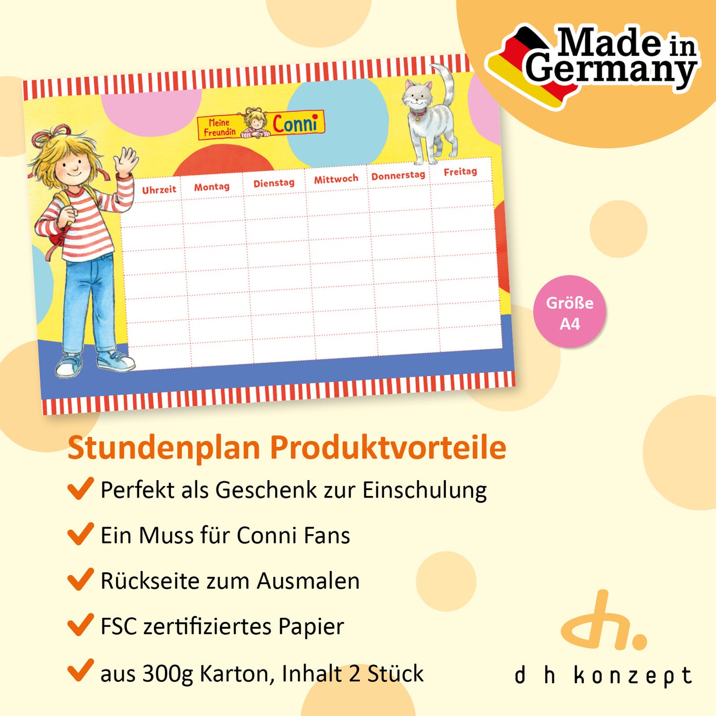 Formgestanzter Stundenplan aus stabilem 300g Karton mit Conni-Illustrationen und Produktdetails.