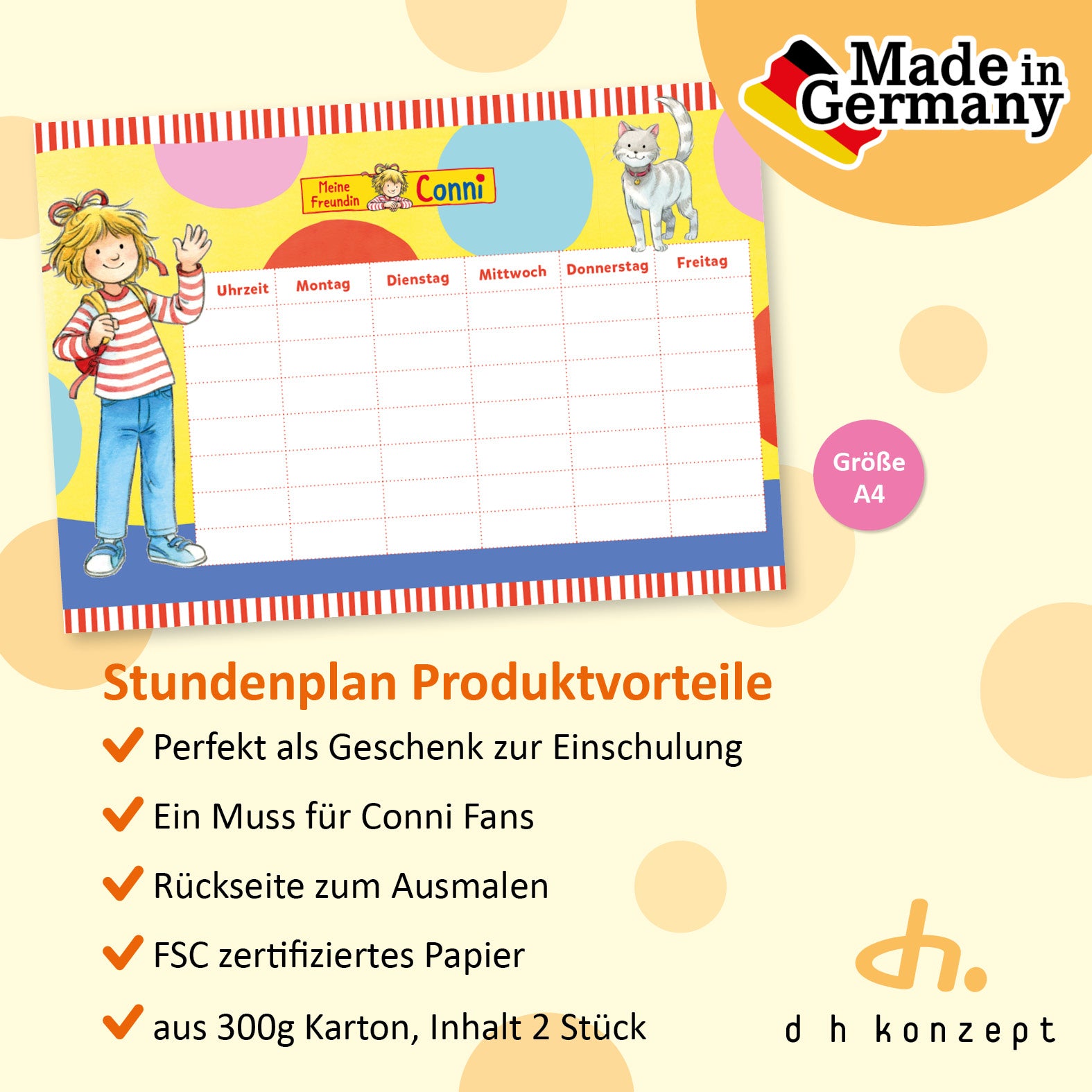 Formgestanzter Stundenplan aus stabilem 300g Karton mit Conni-Illustrationen und Produktdetails.