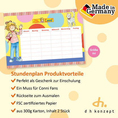 Formgestanzter Stundenplan aus stabilem 300g Karton mit Conni-Illustrationen und Produktdetails.