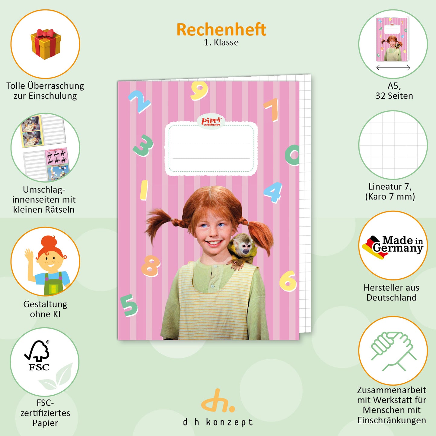 Pippi Langstrumpf Schulheft Rechnen