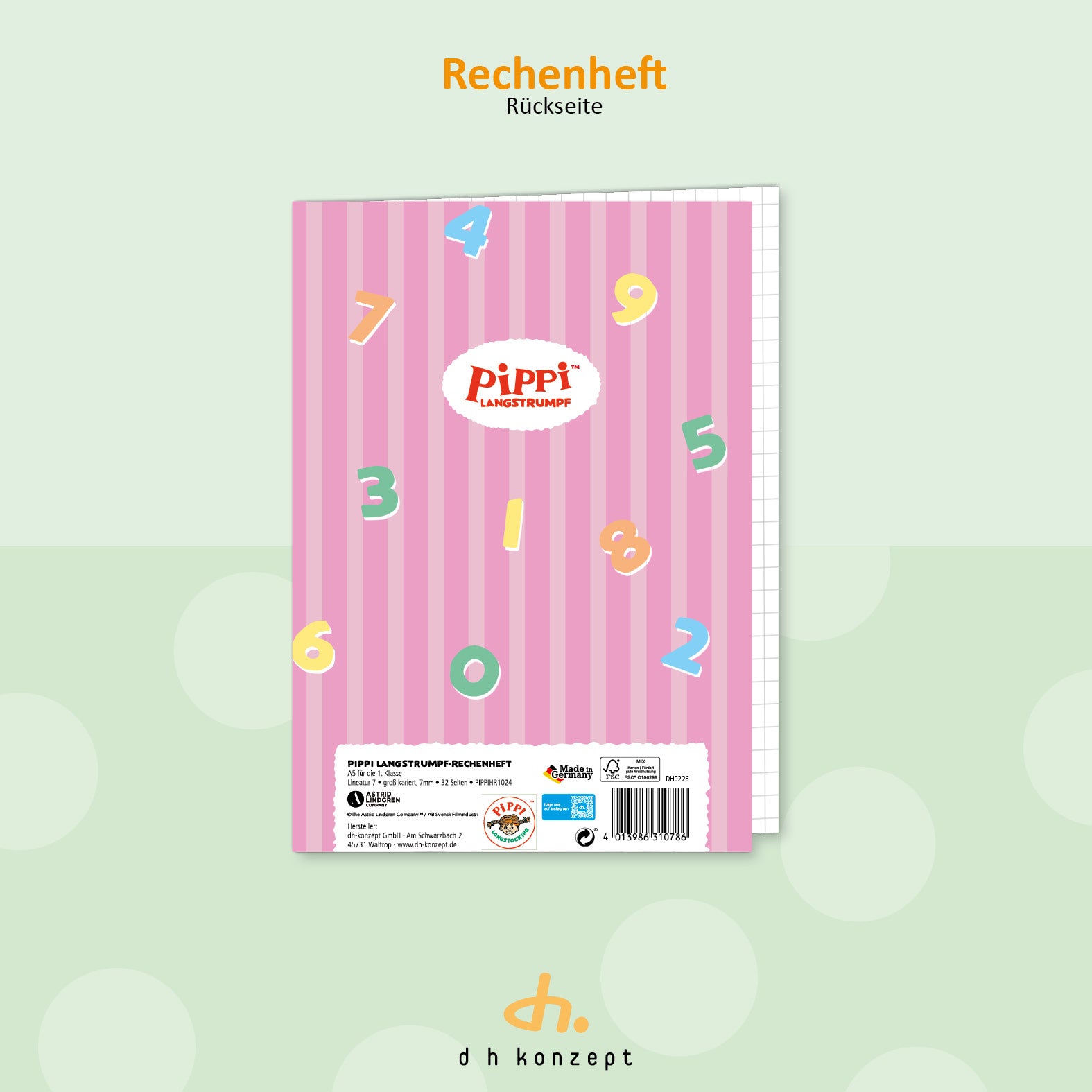 Rückansicht des Pippi Langstrumpf Schulhefts für die erste Klasse.
