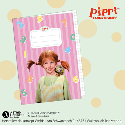 Pippi Langstrumpf Schulheft Rechnen im Format A5 freigestellt auf hellem Hintergrund.