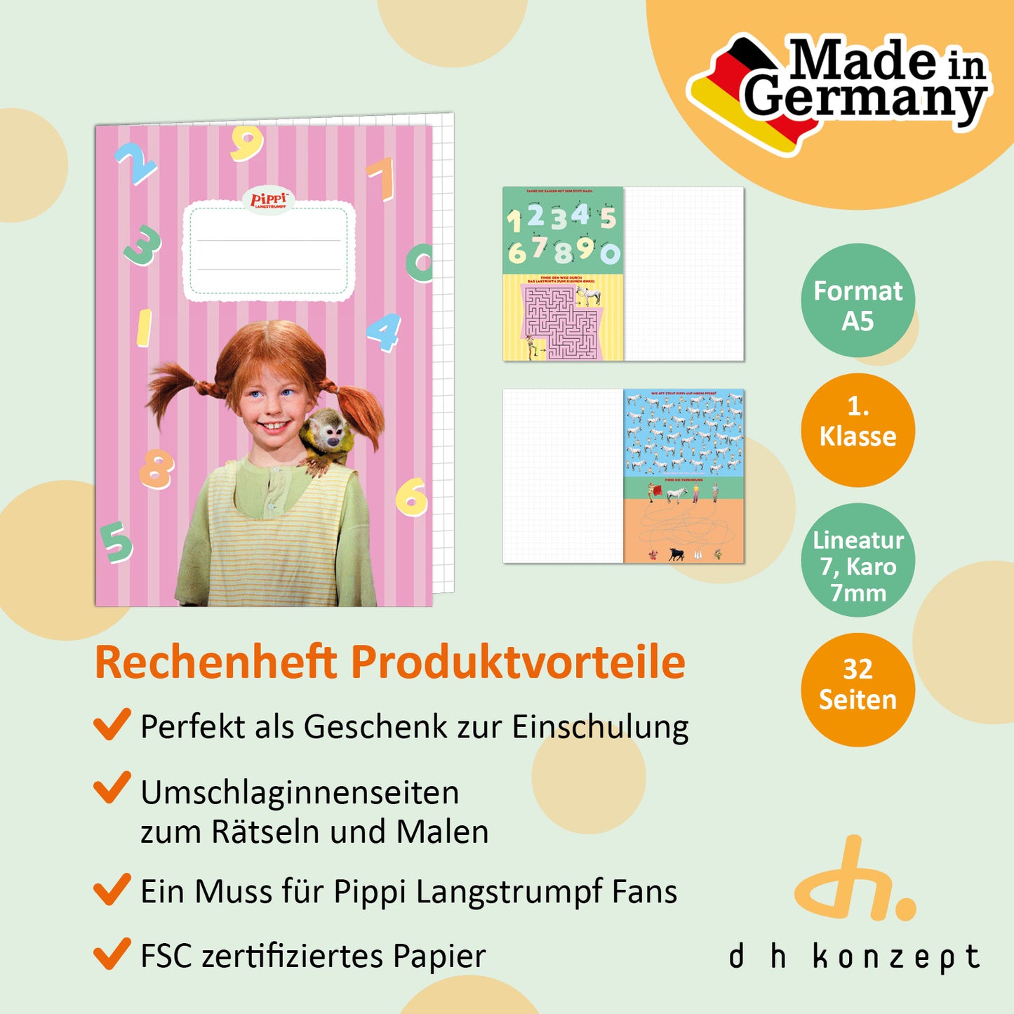 Nahaufnahme der Innenseiten und der Lineatur der Pippi Langstrumpf Rechenhefte.
