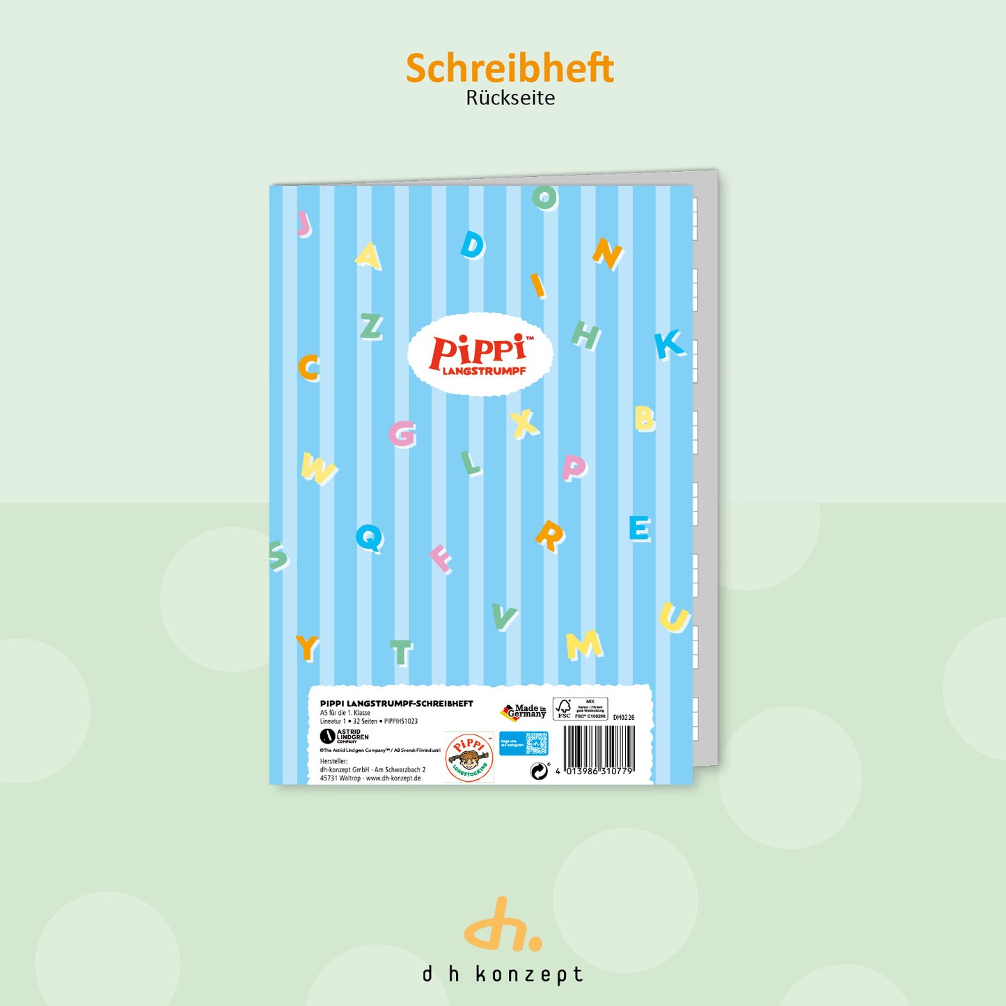 Rückansicht des Pippi Langstrumpf Schulhefts für die erste Klasse.