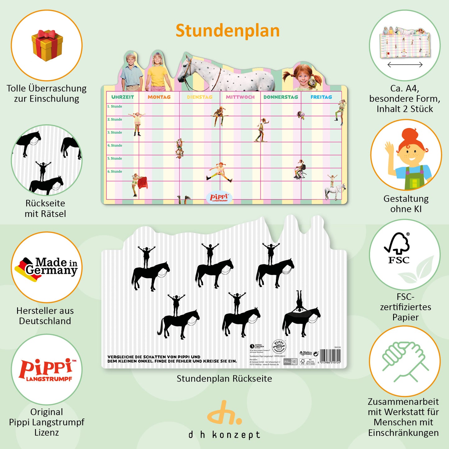 Praktisches 2er-Set der bunten Pippi Langstrumpf Stundenplaner für Erstklässler.